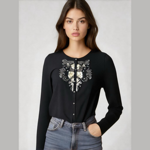 Vintage Ventilo black cardigan with silver sequin embellishment women sz 10/12